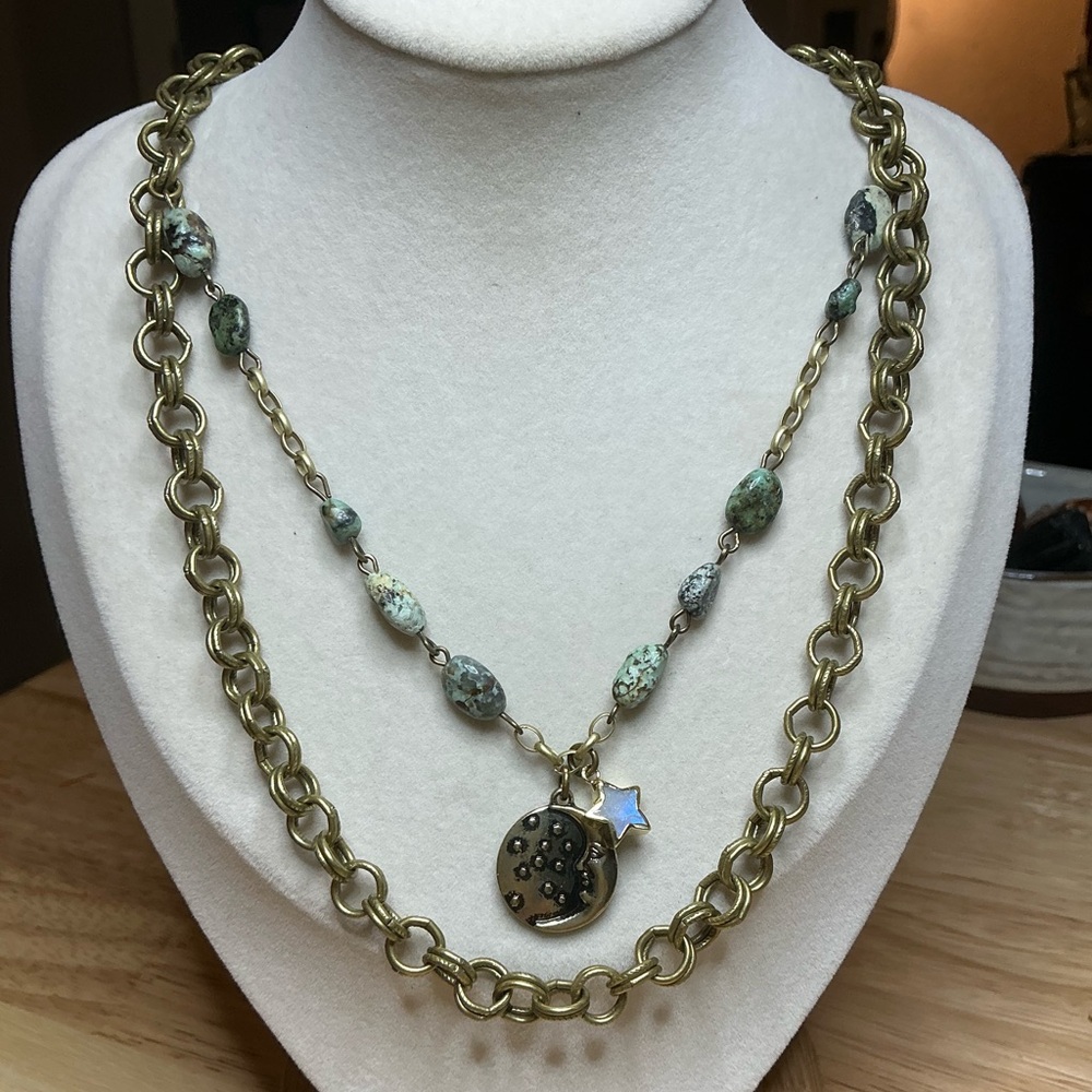 Two -Layer Necklace with African Turquoise Chain & Rainbow Moonstone Star❤️ - Picture 2 of 7